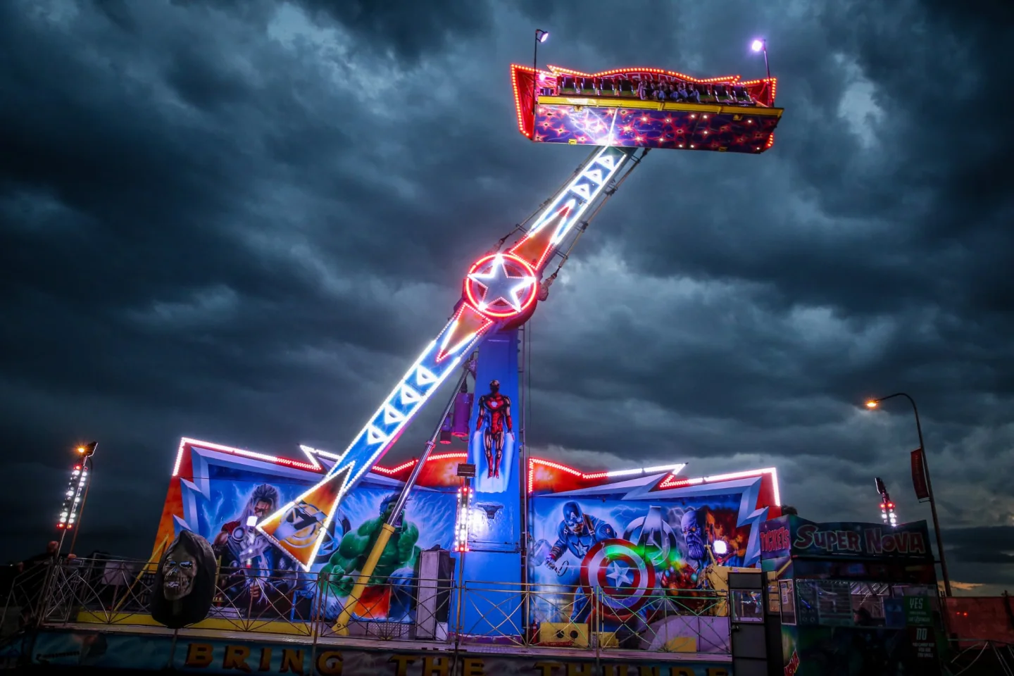 Super Nova thrill ride operating at night in Brisbane
